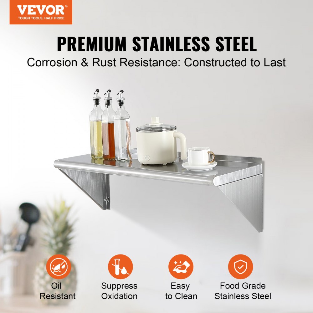 VEVOR 12" x 36" Edelstahlregal, wandmontiertes schwebendes Regal mit Halterungen, 250 lbs Tragkraft, gewerbliche Regale, robustes Lagerregal für Restaurant, Küche, Bar, Zuhause und Hotel