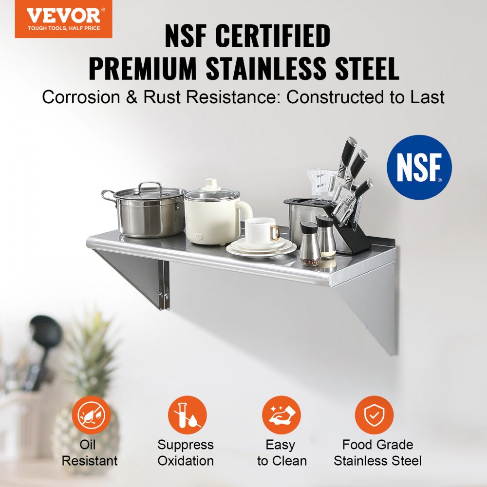 VEVOR Gewürzregal Wandregal 915 x 356 x 63 mm, Hängendes Küchenregal mit Stützrahmen, Schweberegal Edelstahl 136 kg Belastbar, Regalbrett Wandboard Gewürzregal für Küchen, Restaurants, Hotels usw.