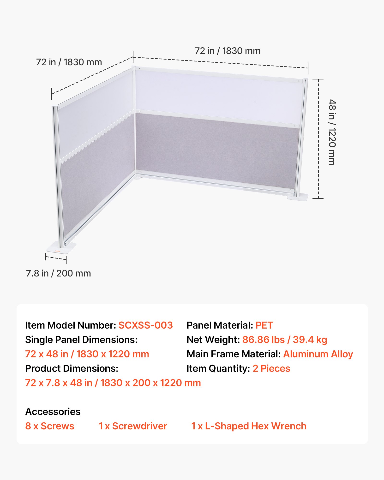 VEVOR Trennwände, Sichtschutzwände, 2er-Pack, 183 x 122 cm, Raumteilerwände, PET-Arbeitsplatz-Wandschirm mit Acrylfenstern, freistehende Paravents, Ideal für Büro, Bibliothek, Schule