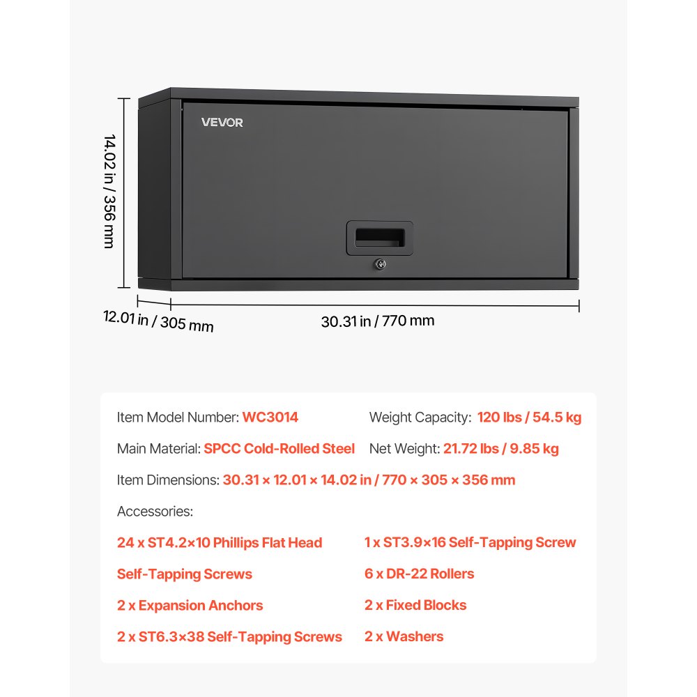 VEVOR Metal Wall Cabinet, 77W x 30.5D x 35.6H cm, Floating Garage Tool Cabinet with Up-Flip Door, 54.5 kg Load per Shelf, Fit for Garage, Basement, Kitchen, Warehouse, Assembly Required
