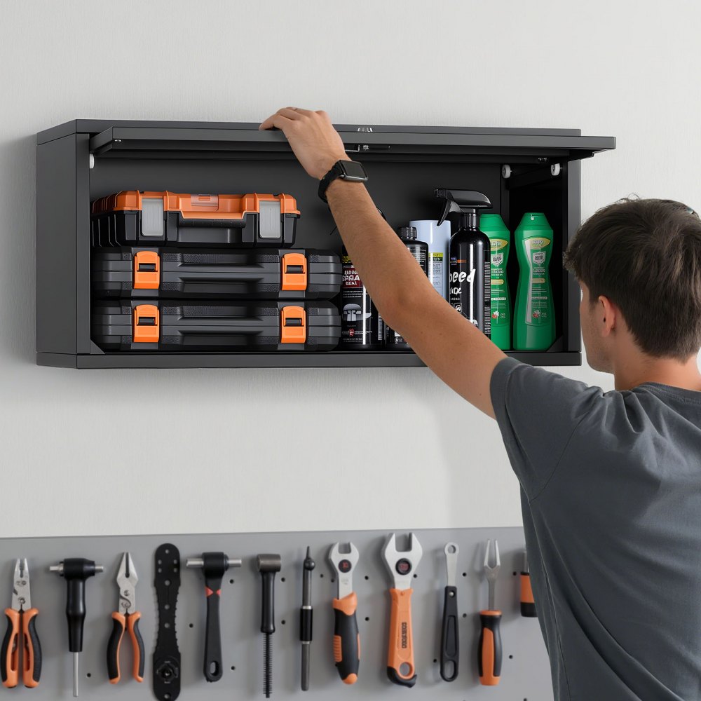 VEVOR Metal Wall Cabinet, 77W x 30.5D x 35.6H cm, Floating Garage Tool Cabinet with Up-Flip Door, 54.5 kg Load per Shelf, Fit for Garage, Basement, Kitchen, Warehouse, Assembly Required