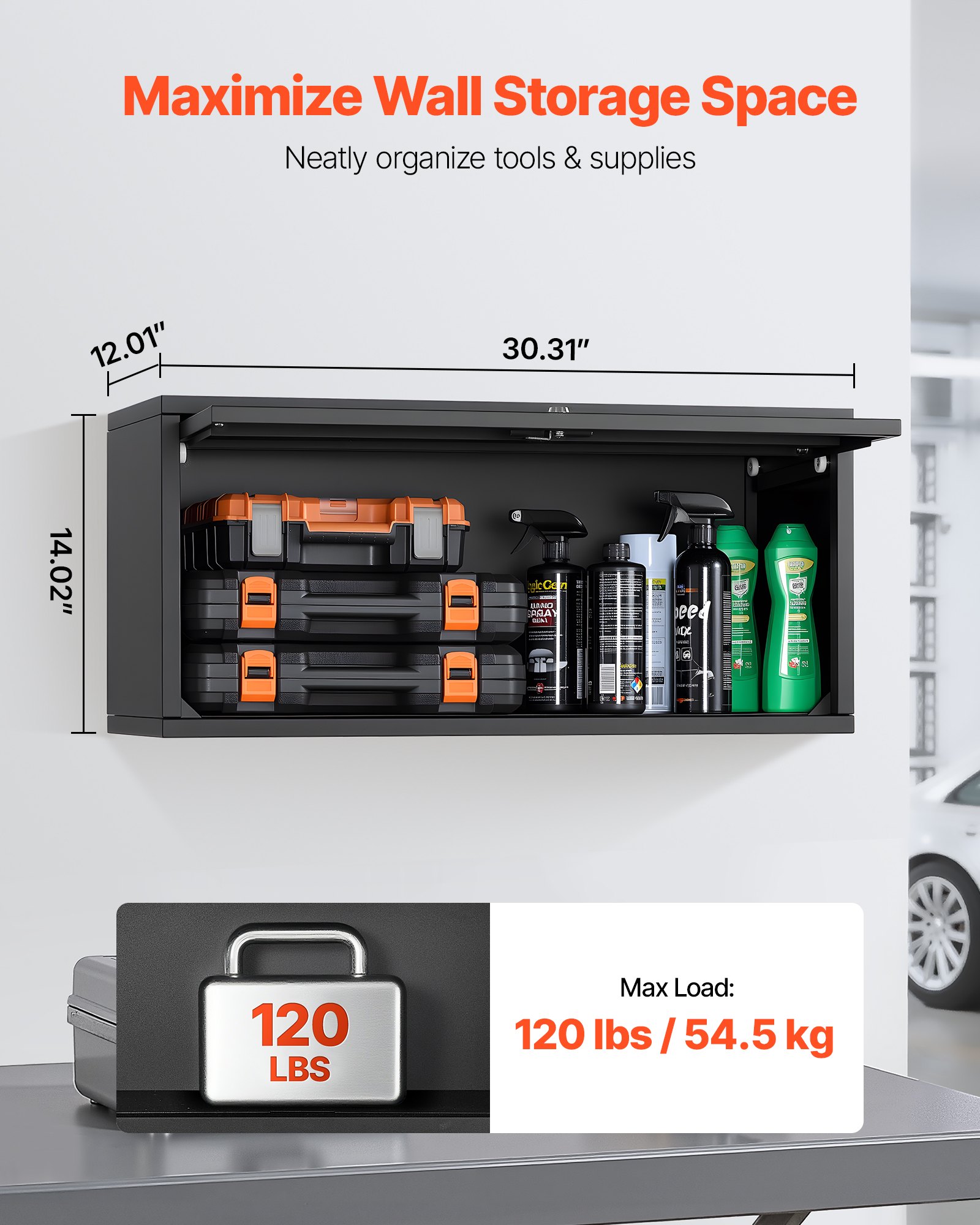 VEVOR Metal Wall Cabinet, 77W x 30.5D x 35.6H cm, Floating Garage Tool Cabinet with Up-Flip Door, 54.5 kg Load per Shelf, Fit for Garage, Basement, Kitchen, Warehouse, Assembly Required