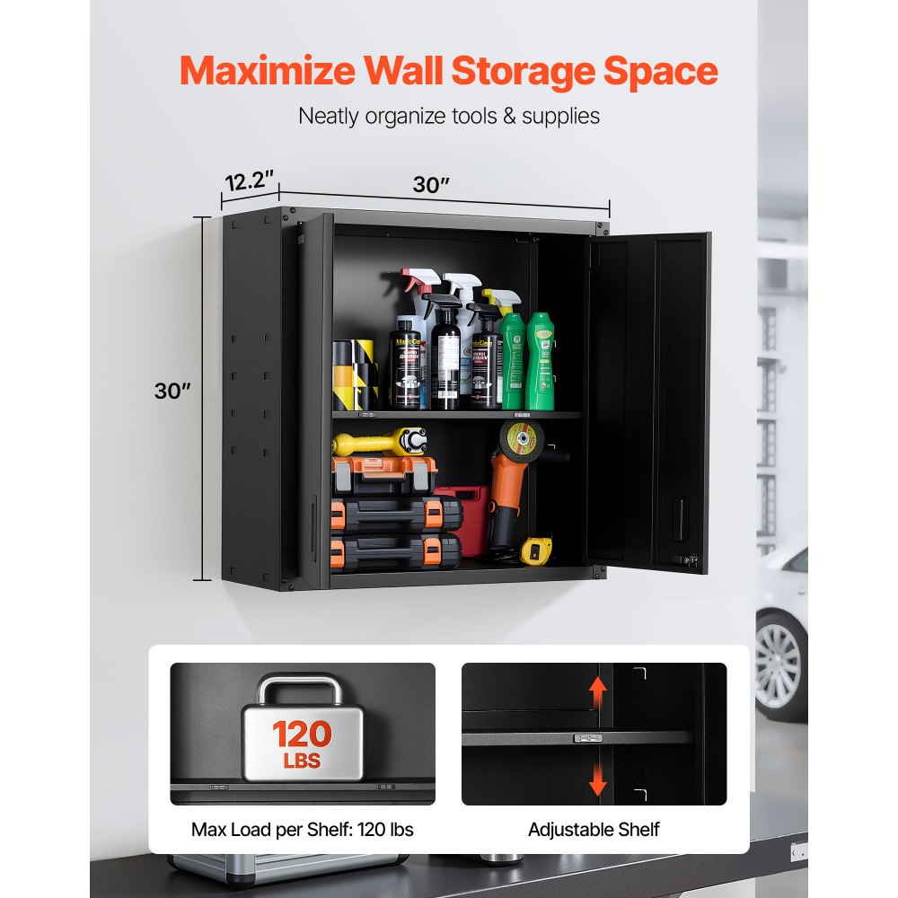 VEVOR Hängeschrank Werkstatt, 762x310x762 mm, Werkzeugschrank aus Stahl mit abschließbaren Türen & verstellbarem Regal, Wandhängeschrank für Garage, Keller, Küche, Lager, schwarz