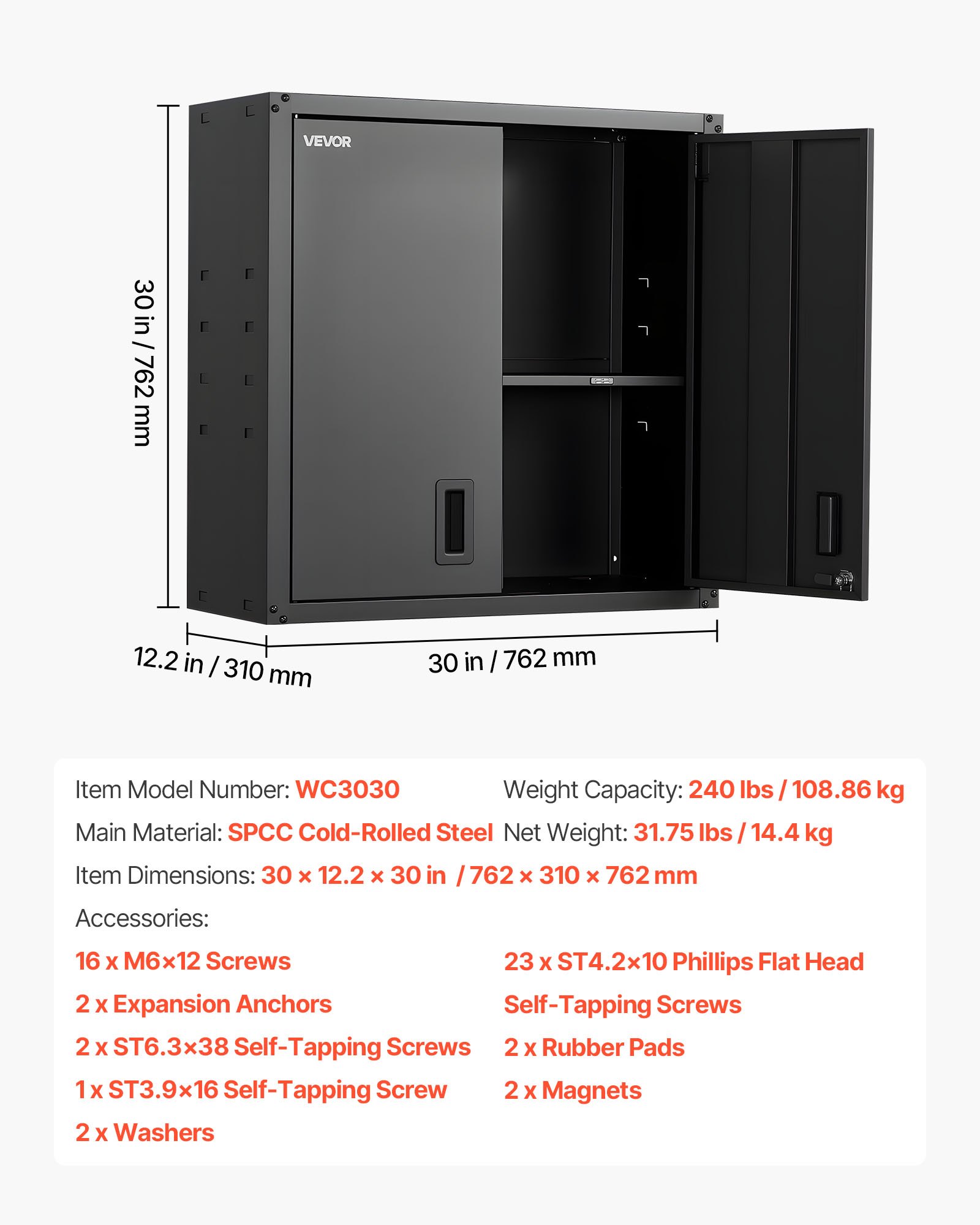VEVOR Hängeschrank Werkstatt, 762x310x762 mm, Werkzeugschrank aus Stahl mit abschließbaren Türen & verstellbarem Regal, Wandhängeschrank für Garage, Keller, Küche, Lager, schwarz