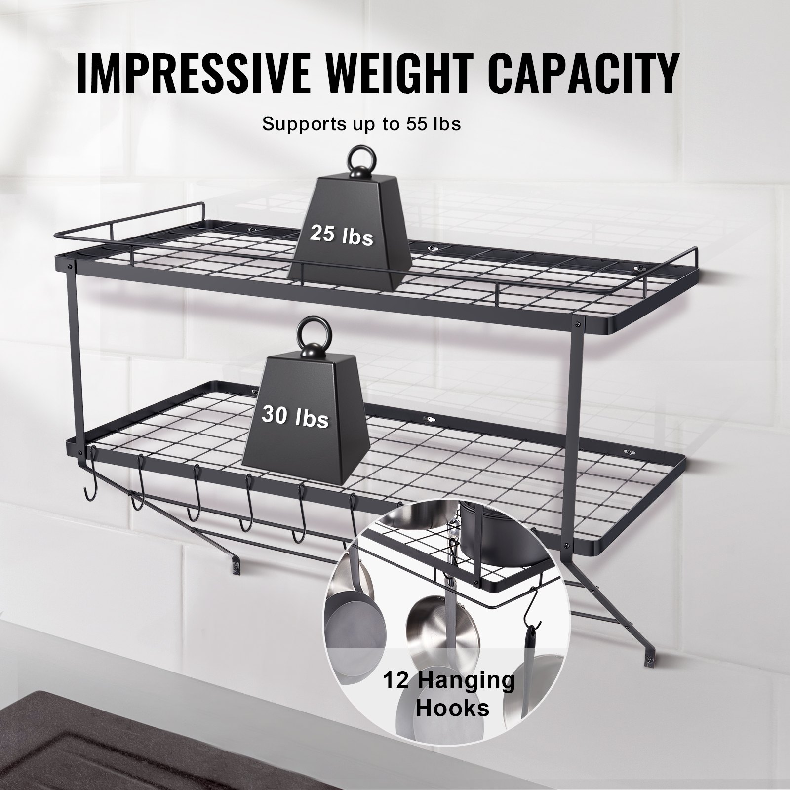 VEVOR Hängend Topf-Rack 76,2 cm Topf- und Pfannen-Hängeregal, Topf- und Pfannenaufhänger mit 12 S-Haken, 24,94 kg Ladegewicht, Topfhalter Wand ideal für Pfannen, Utensilien, Kochgeschirr in der Küche