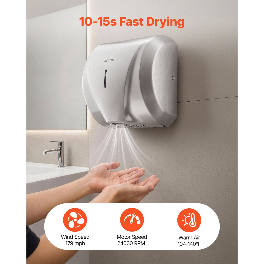 VEVOR Händetrockner zur Wandmontage 1800W Handtrockner Elektrisch Edelstahl, Hohe Geschwindigkeit, Schnelles Trocknen, HEPA-Filter, IPX4, Infrarotsensor, Doppelmodi für Gewerbliche & Private Toiletten
