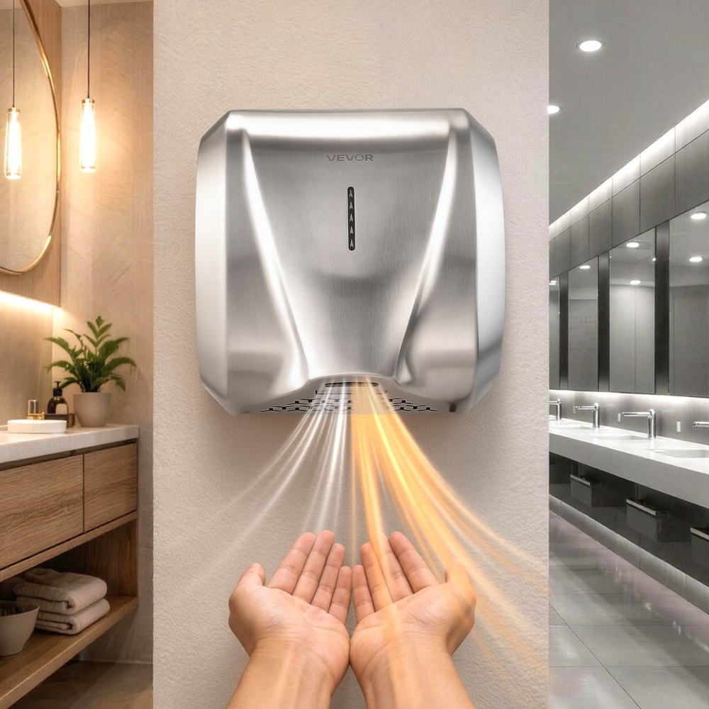 VEVOR Händetrockner zur Wandmontage 1800W Handtrockner Elektrisch Edelstahl, Hohe Geschwindigkeit, Schnelles Trocknen, HEPA-Filter, IPX4, Infrarotsensor, Doppelmodi für Gewerbliche & Private Toiletten