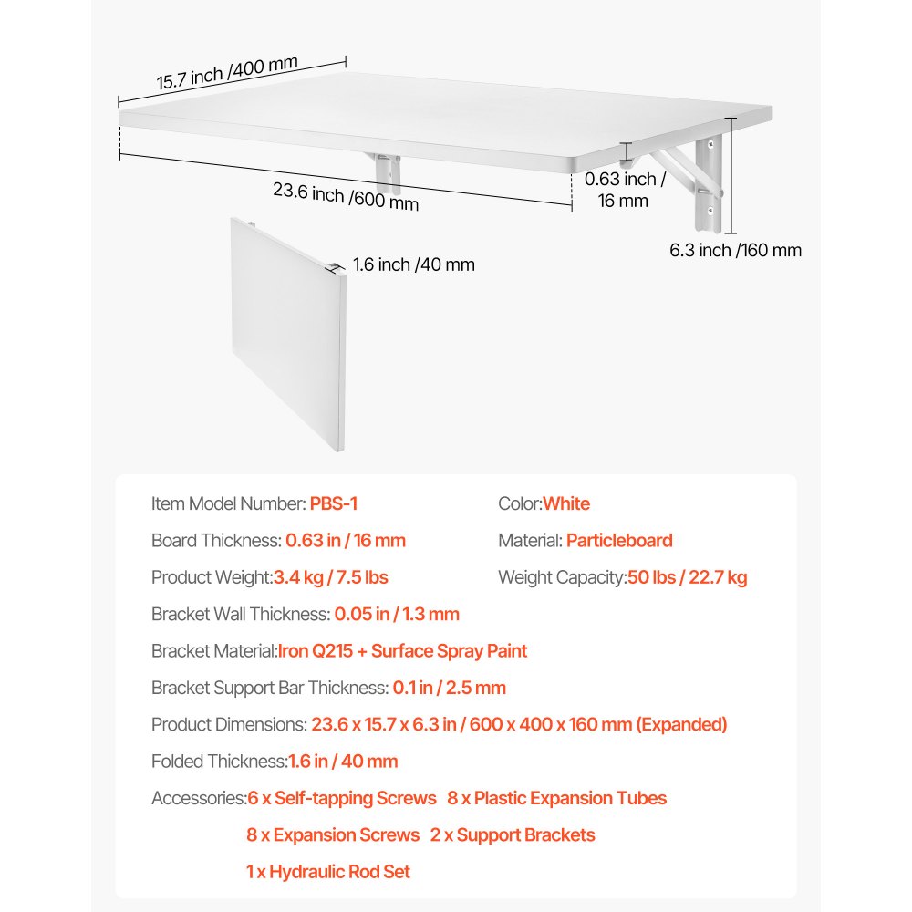 VEVOR Wall-Mounted Folding Table, 60 x 40 cm, Folding Table, Floating Desk with Iron Bracket, Fold-Down Desk for Small Spaces, Home Office, Dining Room, Laundry Room, Kitchen, Bar, White