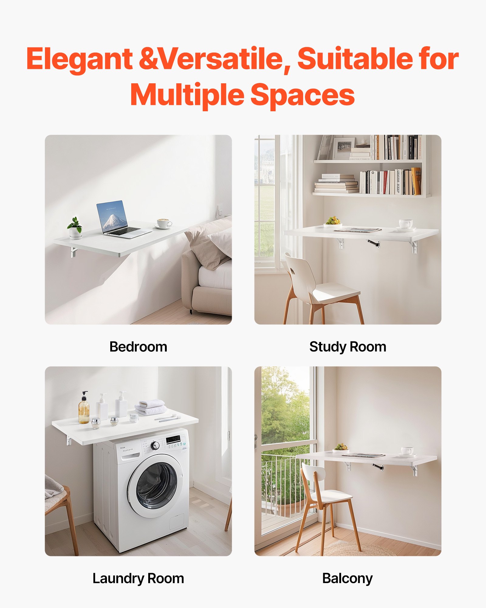 VEVOR Wandklapptisch, 90 x 50 cm, Klapptisch, schwebender Schreibtisch mit Eisenhalterung, herunterklappbarer Schreibtisch für kleine Räume, Heimbüro, Esszimmer, Waschküche, Küche, Bar, weiß