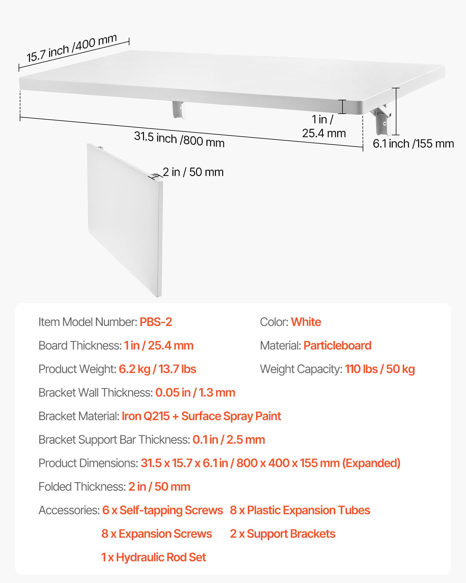 VEVOR Wandklapptisch, 80 x 40 cm, Klapptisch, schwebender Schreibtisch mit Eisenhalterung, herunterklappbarer Schreibtisch für kleine Räume, Heimbüro, Esszimmer, Waschküche, Küche, Bar, weiß