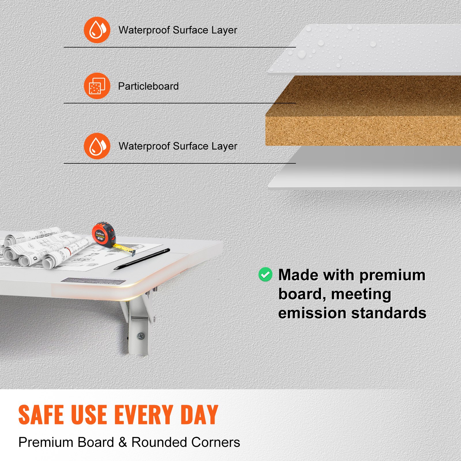 VEVOR Wall-Mounted Folding Table, 80 x 50 cm, Wall Mounted, Folding Desk, Floating Desk with Iron Bracket, Foldable Desk for Small Spaces, Home Office, Dining Room, Laundry Room, Kitchen, Bar, White