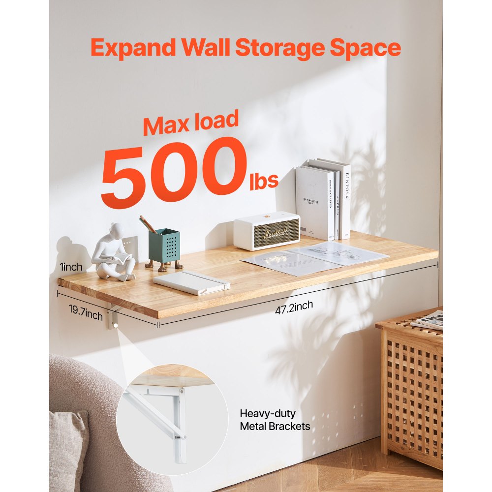 VEVOR Wandklapptisch, 120 x 50 cm Wandklapptisch, schwebender Schreibtisch aus Holz mit Eisenhalterung, zusammenklappbarer Schreibtisch für kleine Räume, Heimbüro, Esszimmer, Waschküche, Küche, Bar