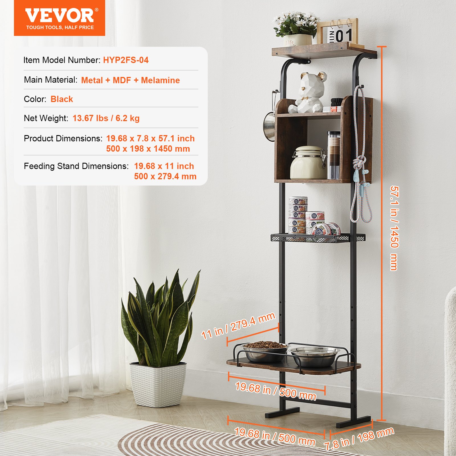 VEVOR Futterstation 500 x 198 x 1450 mm, erhöhte Hundenäpfe, erhöhter Ständer für Hundenapf, Fressnapf, Hundenapfständer, Napfhalter höhenverstellbar, Hundebar für große, mittelgroße & kleine Hunde