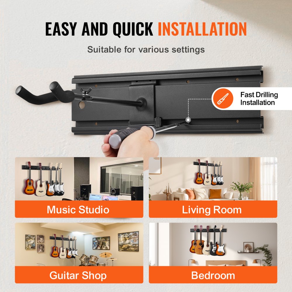 VEVOR Gitarrenständer mit 5 Fächern, für bis zu 5 Gitarren, wandmontiertes Display für mehrere Gitarren, faltbares Gestell mit um 270° drehbaren Haken, Aluminiumplatten, Installationsgriff, für Gitarre, Akustik- und E-Bass