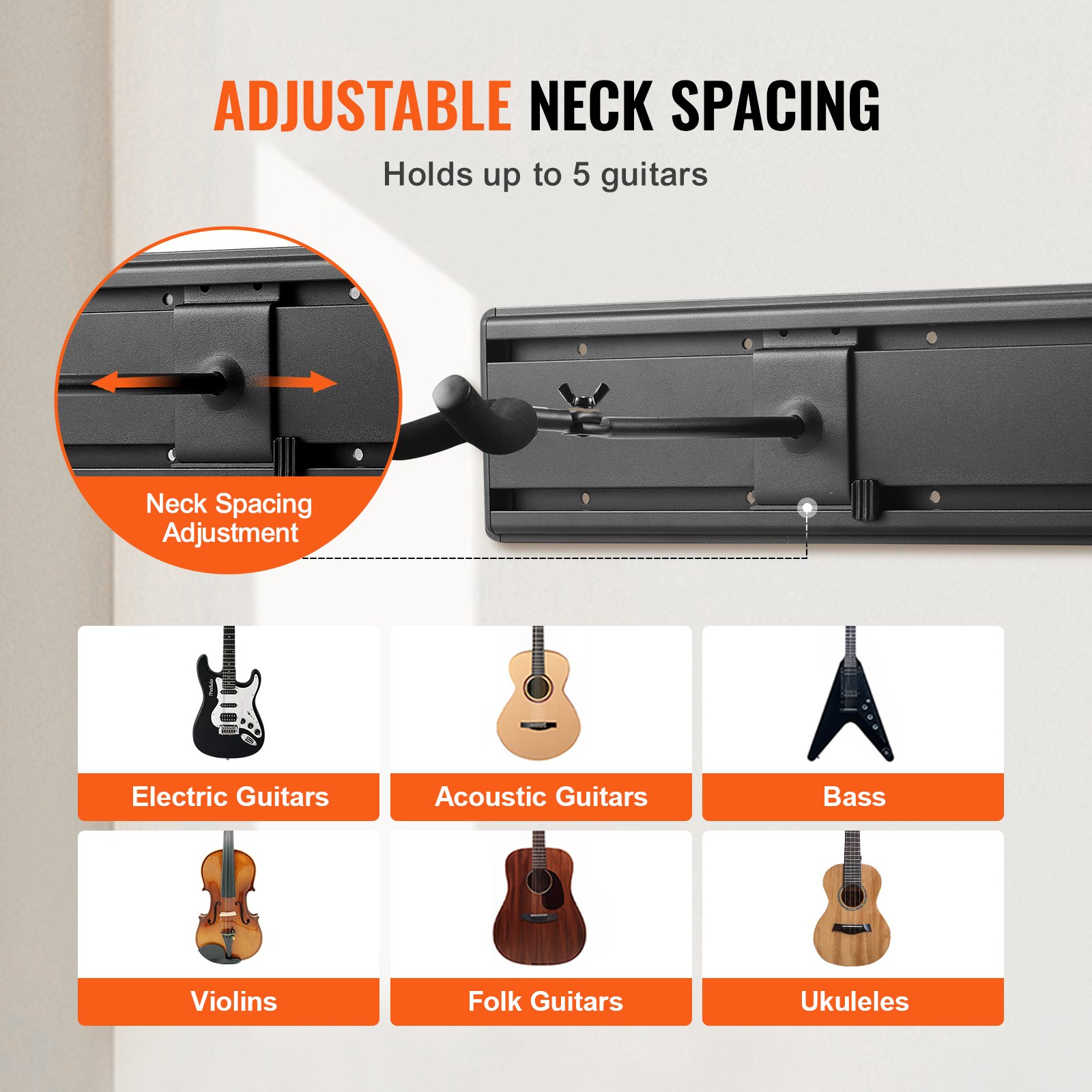 VEVOR Gitarrenständer mit 5 Fächern, für bis zu 5 Gitarren, wandmontiertes Display für mehrere Gitarren, faltbares Gestell mit um 270° drehbaren Haken, Aluminiumplatten, Installationsgriff, für Gitarre, Akustik- und E-Bass