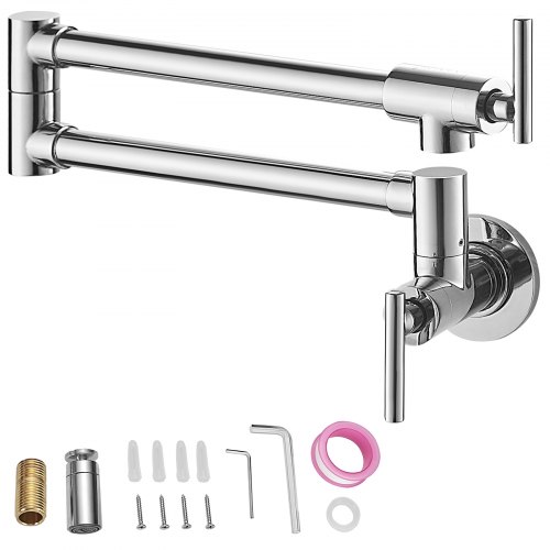 VEVOR Pot Filler Wasserhahn, Wandmontierter Wasserhahn aus massivem Messing mit poliertem Chrom-Finish, faltbarer Waschbecken-Wasserhahn für Restaurants mit Doppelschwenkarm und 2 Griffen