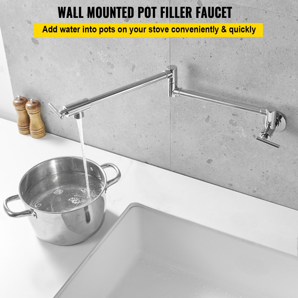 VEVOR Pot Filler Wasserhahn, Wandmontierter Wasserhahn aus massivem Messing mit poliertem Chrom-Finish, faltbarer Waschbecken-Wasserhahn für Restaurants mit Doppelschwenkarm und 2 Griffen