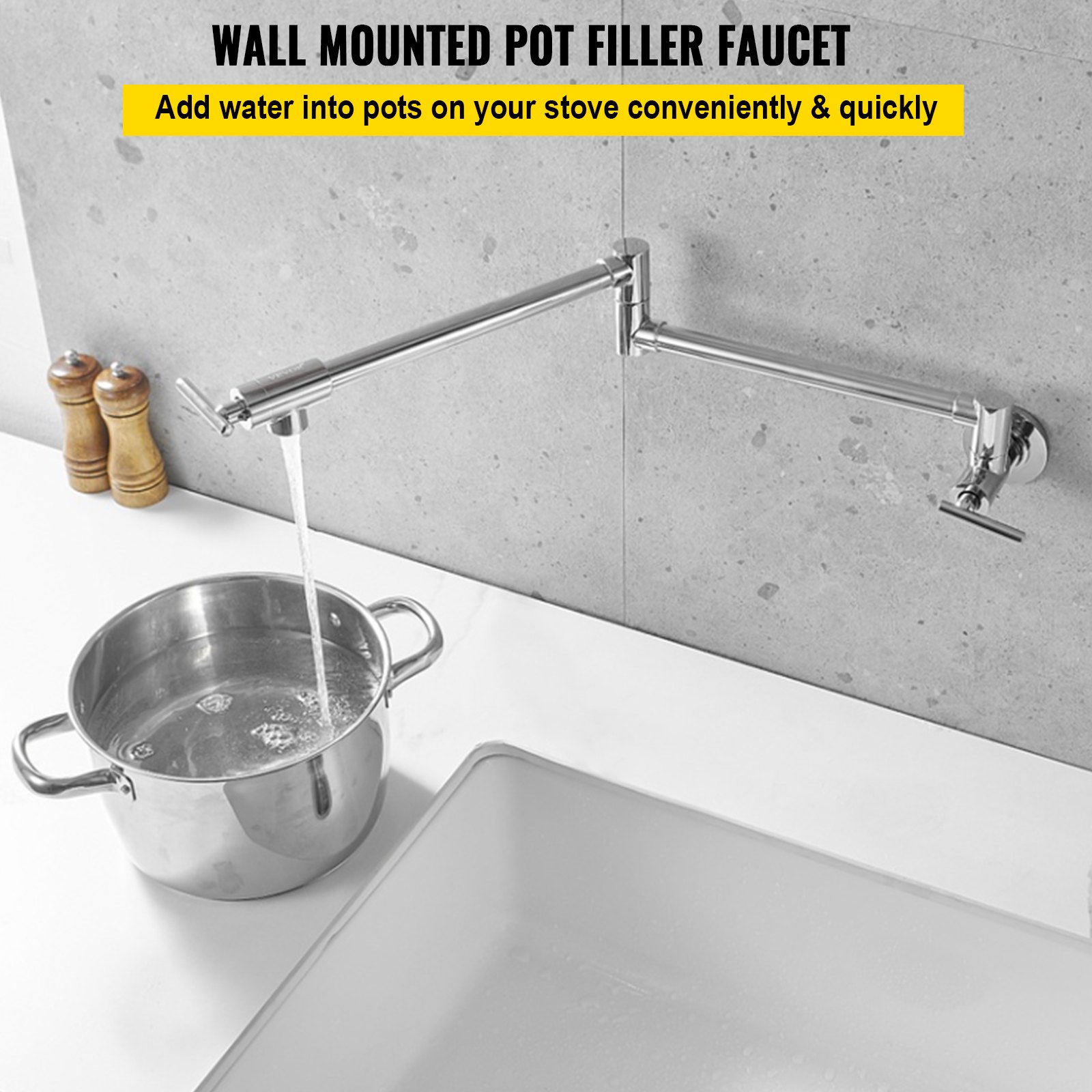 VEVOR Pot Filler Wasserhahn, Wandmontierter Wasserhahn aus massivem Messing mit poliertem Chrom-Finish, faltbarer Waschbecken-Wasserhahn für Restaurants mit Doppelschwenkarm und 2 Griffen
