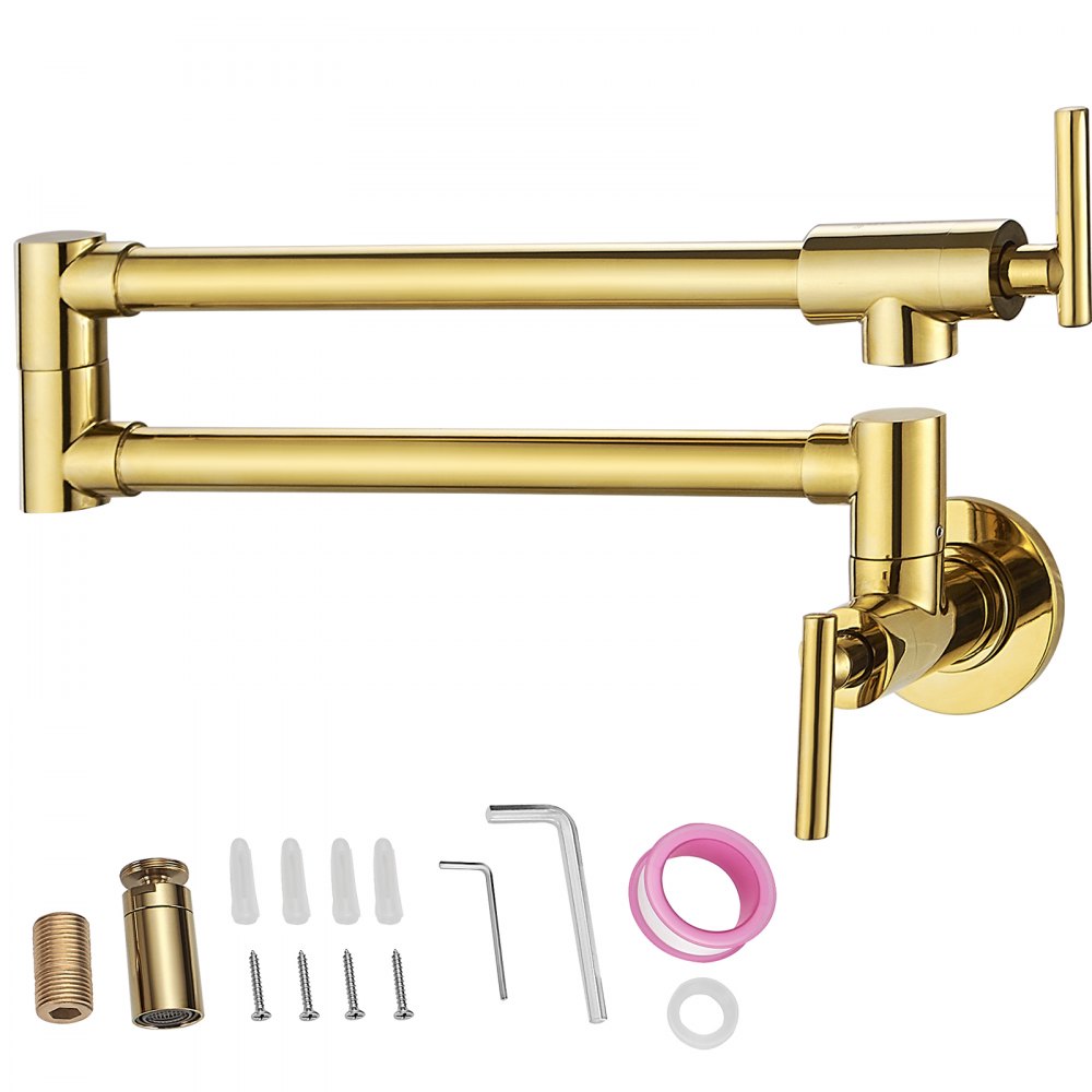 VEVOR Topffüller Wasserhahn, Wandmontage Wasserhahn aus massivem Messing mit gebürstetem Gold-Finish, faltbarer Waschbeckenhahn für Restaurants mit Doppelschwenkarm und 2 Griffen