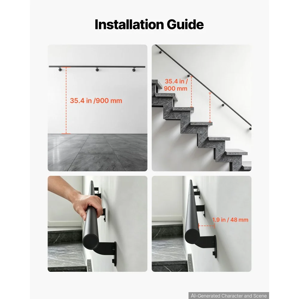 VEVOR Wandmontiertes Treppengeländer 3657,6mm mit 113,4kg Tragkraft Schwarz, Wandhandlauf für Treppen Veranda Keller & Flure, Rundrohr aus Aluminiumlegierung, Sicherheitsgriff für Senioren, Rostfest