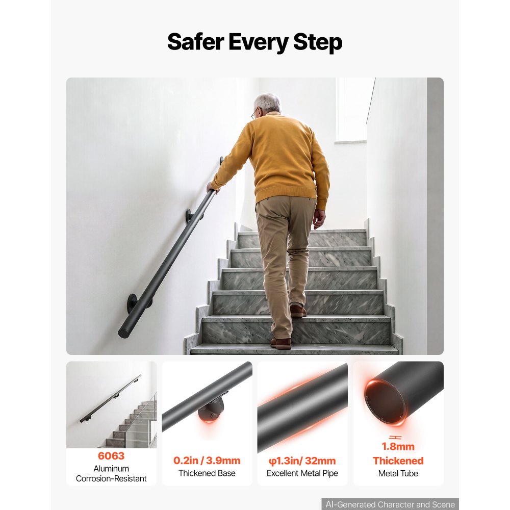 VEVOR Wandmontiertes Treppengeländer 1524mm 113,4kg Belastbarkeit Schwarz, Wandhandlauf für Treppen Veranda Dachboden & Flure, Rundrohr aus Aluminiumlegierung, Sicherheitsgriff für Senioren, Rostfest