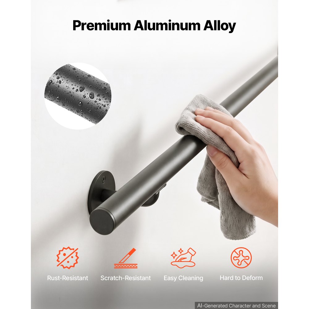 VEVOR Wandmontiertes Treppengeländer 1524mm 113,4kg Belastbarkeit Schwarz, Wandhandlauf für Treppen Veranda Dachboden & Flure, Rundrohr aus Aluminiumlegierung, Sicherheitsgriff für Senioren, Rostfest