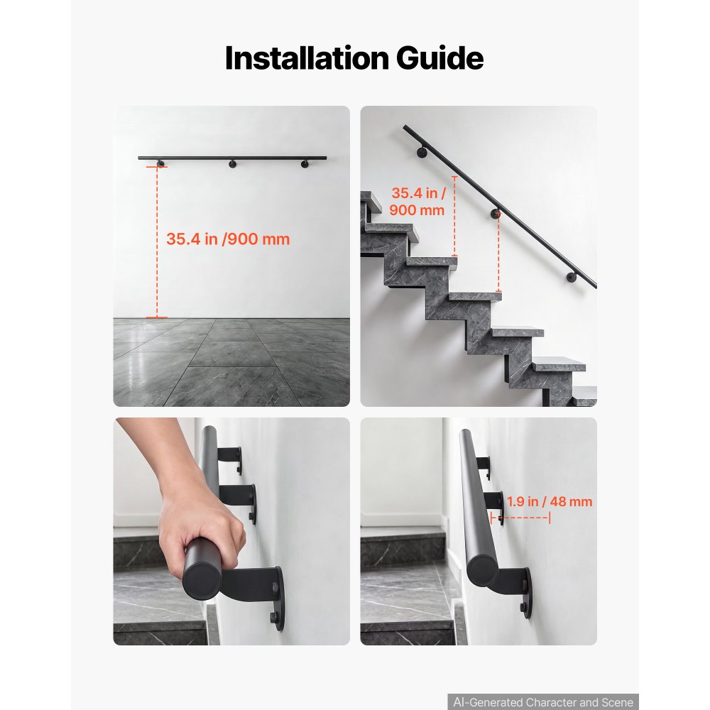 VEVOR Wandmontiertes Treppengeländer 1524mm 113,4kg Belastbarkeit Schwarz, Wandhandlauf für Treppen Veranda Dachboden & Flure, Rundrohr aus Aluminiumlegierung, Sicherheitsgriff für Senioren, Rostfest