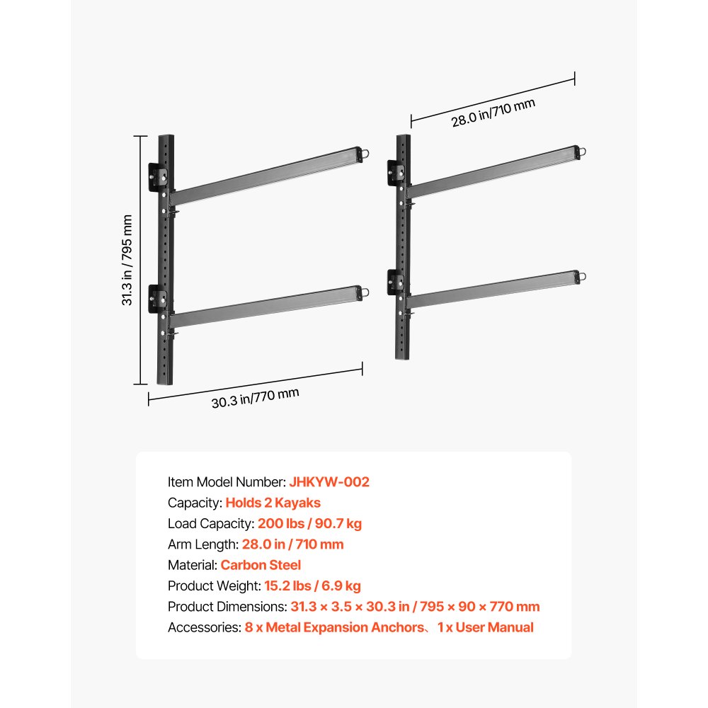 VEVOR Kayak Storage Rack for 2 Kayaks, Holds 90.7 kg, Heavy Duty Adjustable Wall Mount Stand for Indoor Outdoor Garage Shed Dock, Storage Holder for Canoe, Small Boat, SUP, Surfboard & Paddleboard