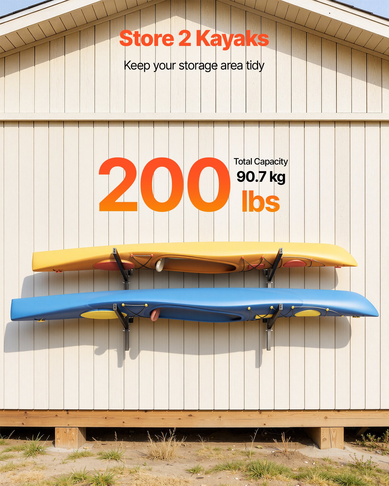 VEVOR Kayak Storage Rack for 2 Kayaks, Holds 90.7 kg, Heavy Duty Adjustable Wall Mount Stand for Indoor Outdoor Garage Shed Dock, Storage Holder for Canoe, Small Boat, SUP, Surfboard & Paddleboard