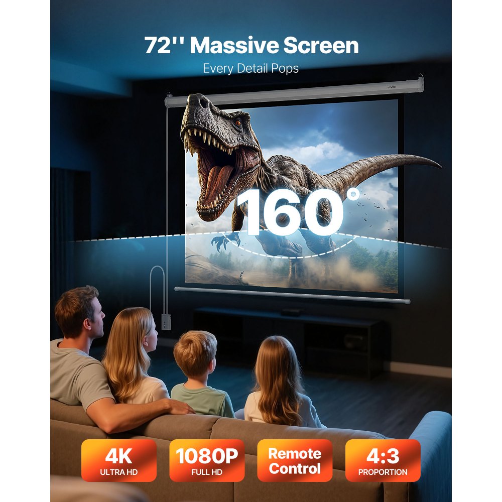 VEVOR Motorized Projector Screen, 1829 mm 4:3 1080 HD Electric Projection Screen, Wall Mounted Projection Dispaly Projector with Remote Control, Automatic Movie Screen for Family Home Office Theater