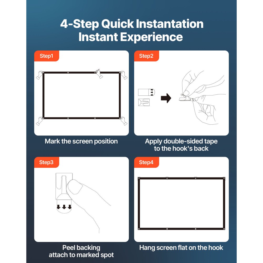VEVOR manuelle Projektionsleinwand Beamer Leinwand, 120 Zoll 16:9 4K 1080 HD, wandmontierte Projektionsleinwand mir mit 8 Haken und doppelseitigen Klebebändern, Filmprojektion für Heimkino