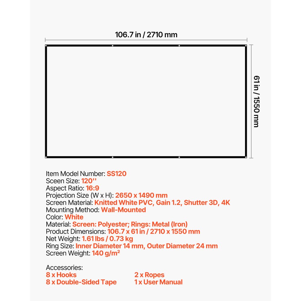 VEVOR manuelle Projektionsleinwand Beamer Leinwand, 120 Zoll 16:9 4K 1080 HD, wandmontierte Projektionsleinwand mir mit 8 Haken und doppelseitigen Klebebändern, Filmprojektion für Heimkino