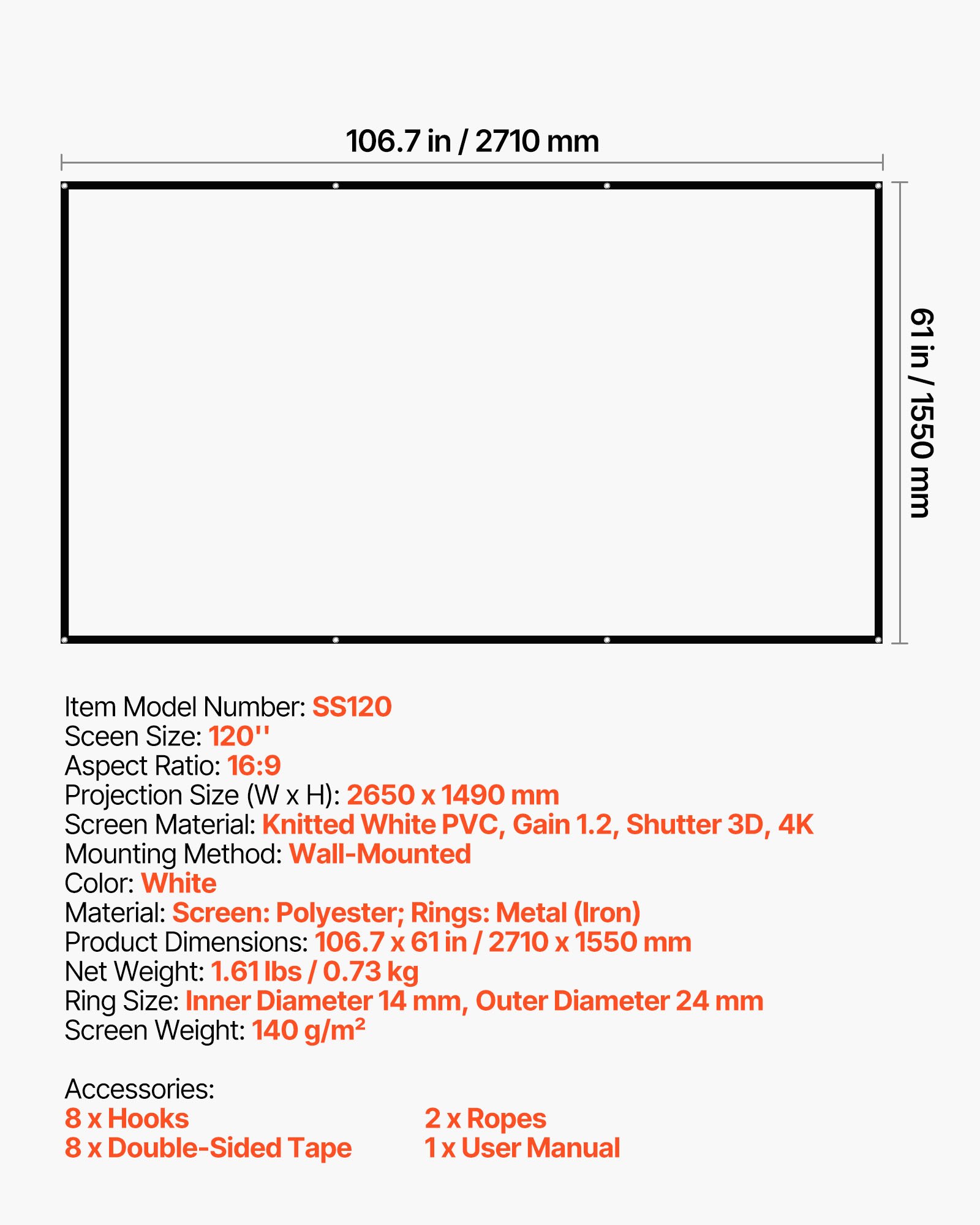 VEVOR manuelle Projektionsleinwand Beamer Leinwand, 120 Zoll 16:9 4K 1080 HD, wandmontierte Projektionsleinwand mir mit 8 Haken und doppelseitigen Klebebändern, Filmprojektion für Heimkino