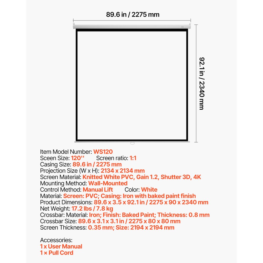 VEVOR Manual Projector Screen, 3048 mm 1:1 4K 1080 HD Retractable Pull Down Projector Screen, Wall Mounted Movie Projection with Pull Rope, Portable Display Projectoin for Family Home Office Theater