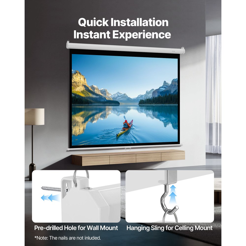 VEVOR manuelle Projektionsleinwand Beamer Leinwand, 72 Zoll 4:3 4K 1080 HD, einziehbare Projektionsleinwand, wandmontierte Filmprojektion mit Zugseil, tragbare Rolloleinwand Heimkino