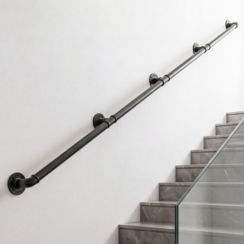 VEVOR Wandmontiertes Treppengeländer 3657,6mm 199,6kg Belastbarkeit Schwarz, Wandhandlauf für Treppen Keller & Flure, Rundrohr aus Kohlenstoffstahl, Sicherheitsgriff für Senioren, mit Montagematerial