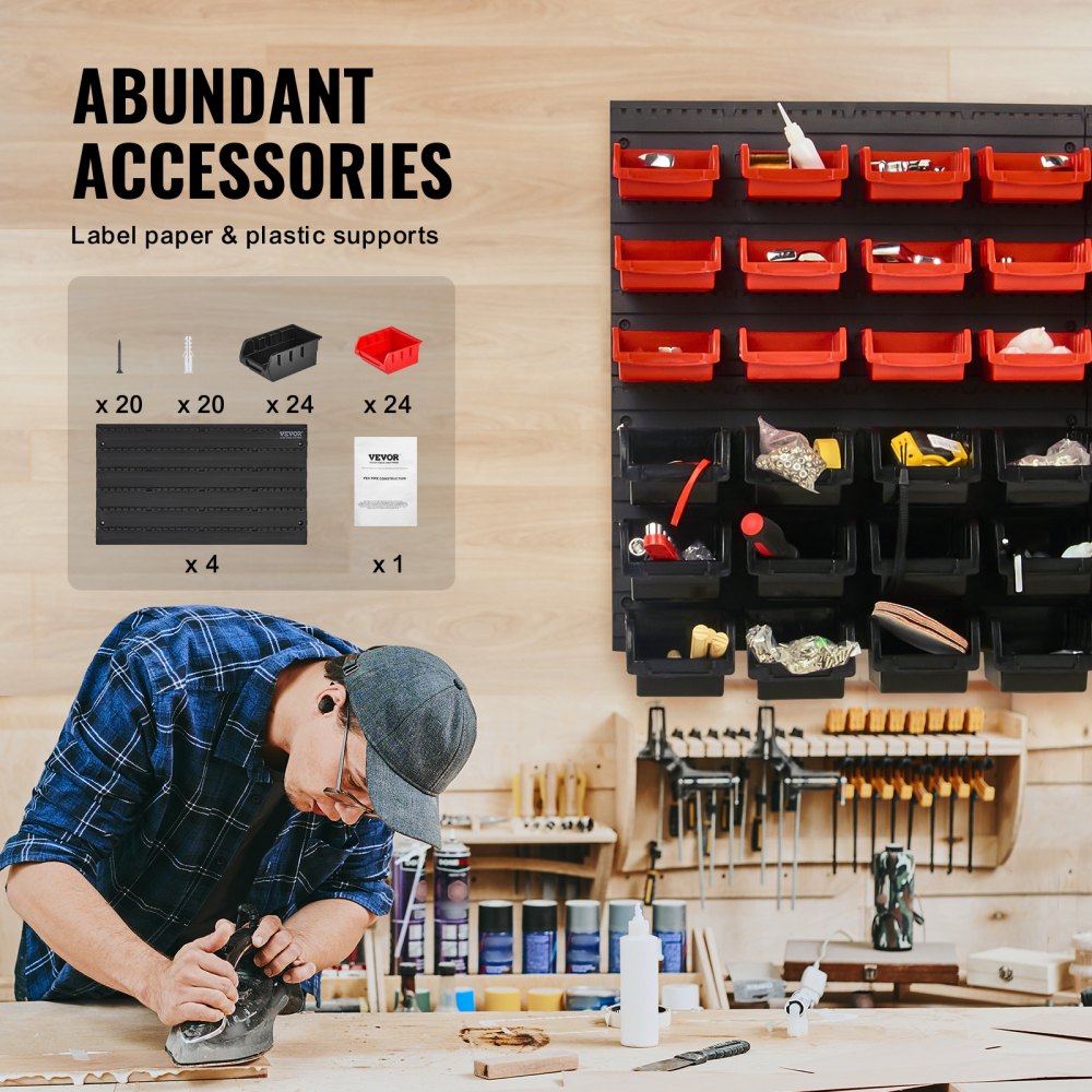 VEVOR Stapelboxen, 48-Behälter-Teileregal-Organizer für Garage, Kunststoff-Ladenwerkzeug mit Wandpaneelen, Werkzeug-Organizer für Muttern, Bolzen, Schrauben, Nägel, Perlen, Knöpfe, Schwarz und Rot