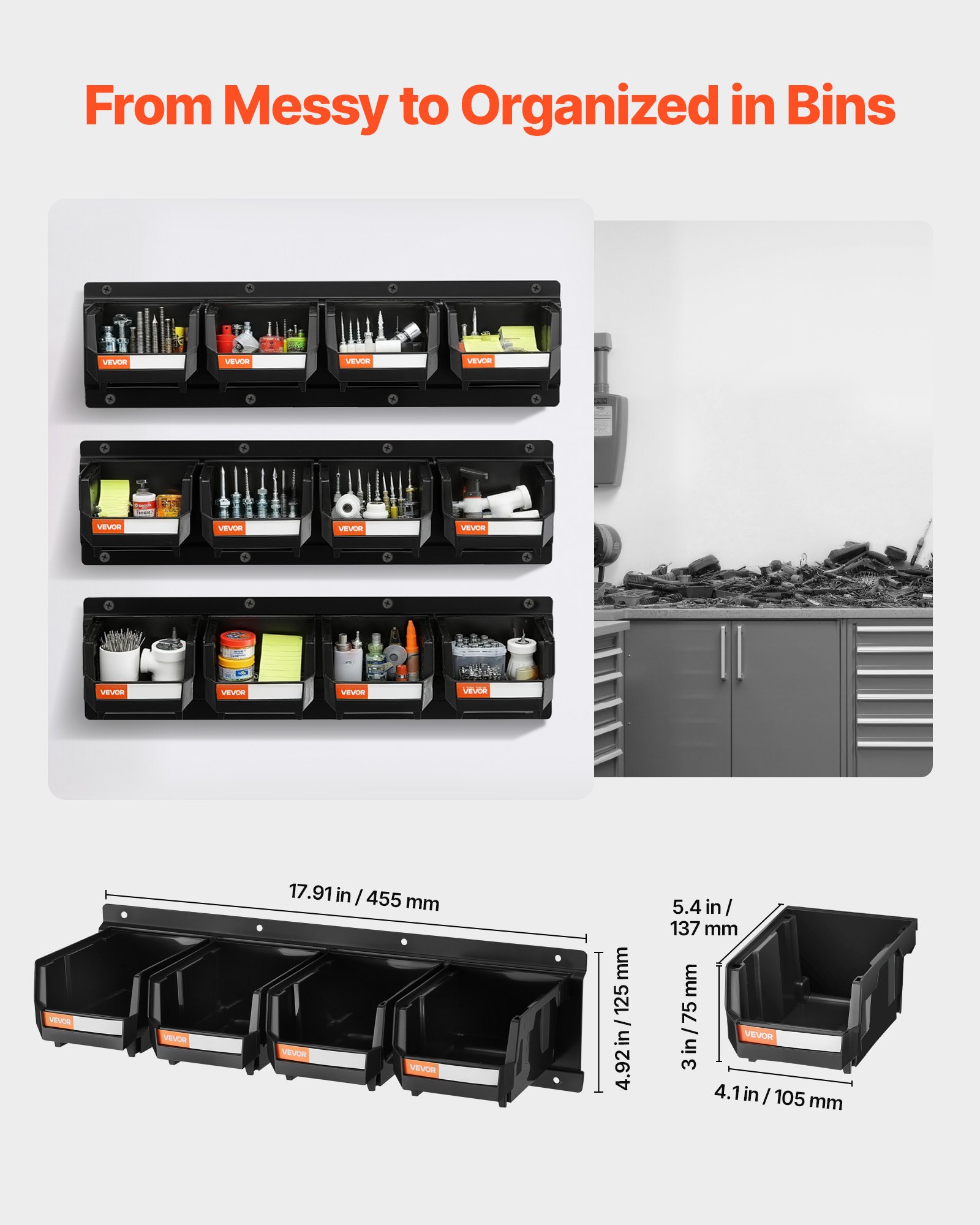 VEVOR Stapelboxen Wandmontage, 137x105x75mm (12er-Pack) & 3 Metallschienen, Sichtlagerboxen für Schrauben, Muttern, Bolzen, Nägel, Werkzeug-Organizer für Werkstatt, Bastelraum, Garage, Schwarz