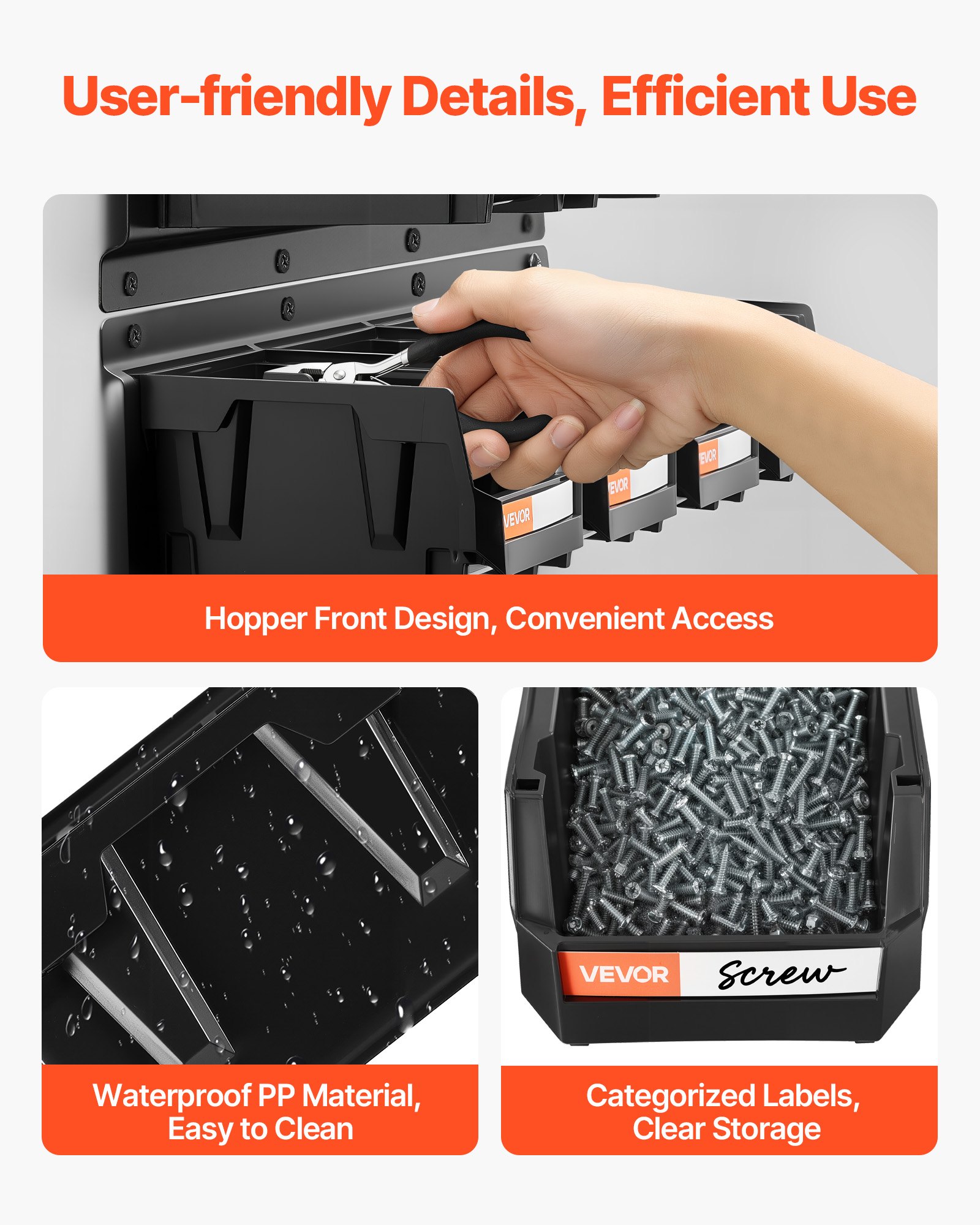 VEVOR Stapelboxen Wandmontage, 137x105x75mm (12er-Pack) & 3 Metallschienen, Sichtlagerboxen für Schrauben, Muttern, Bolzen, Nägel, Werkzeug-Organizer für Werkstatt, Bastelraum, Garage, Schwarz