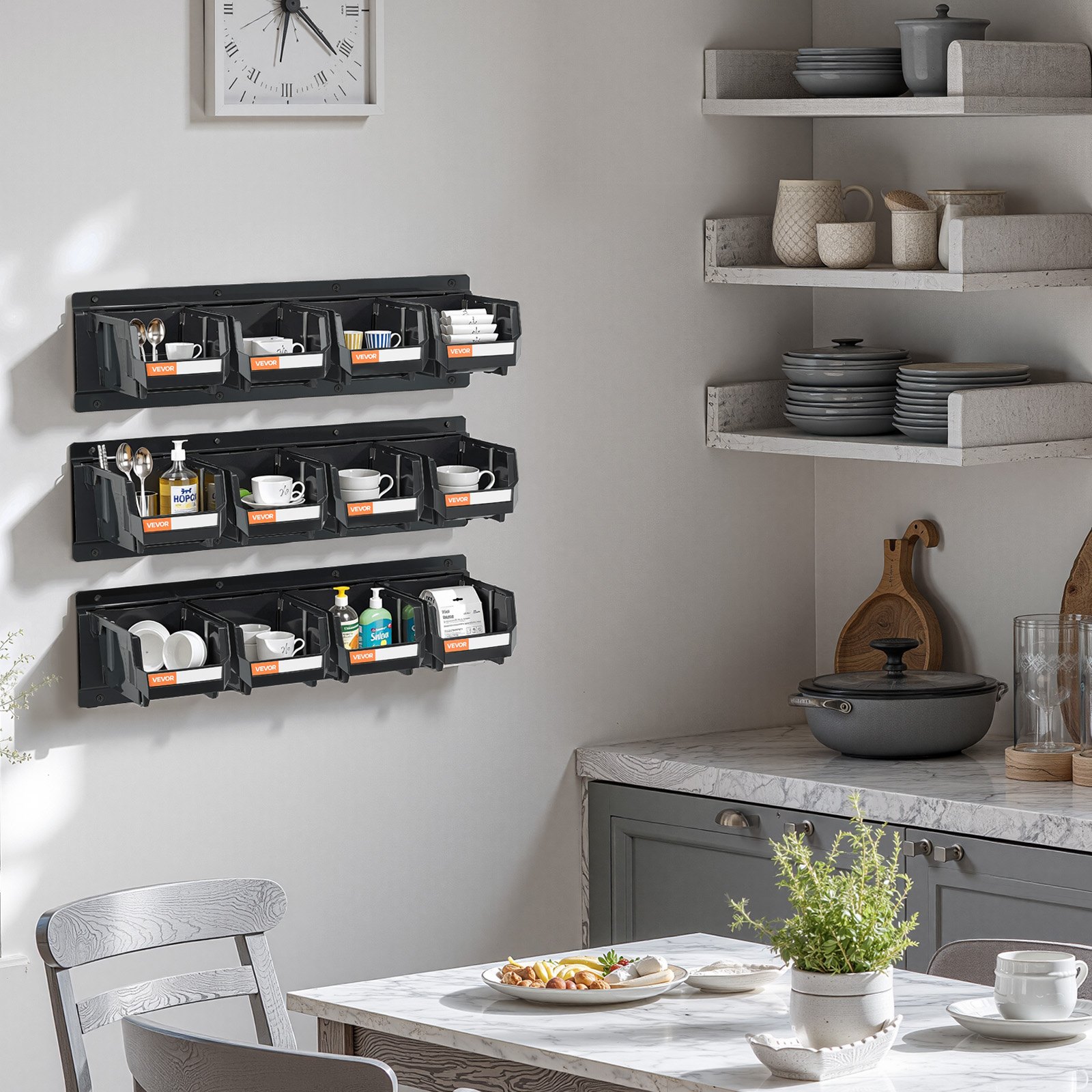 VEVOR Stapelboxen Wandmontage, 137x105x75mm (12er-Pack) & 3 Metallschienen, Sichtlagerboxen für Schrauben, Muttern, Bolzen, Nägel, Werkzeug-Organizer für Werkstatt, Bastelraum, Garage, Schwarz