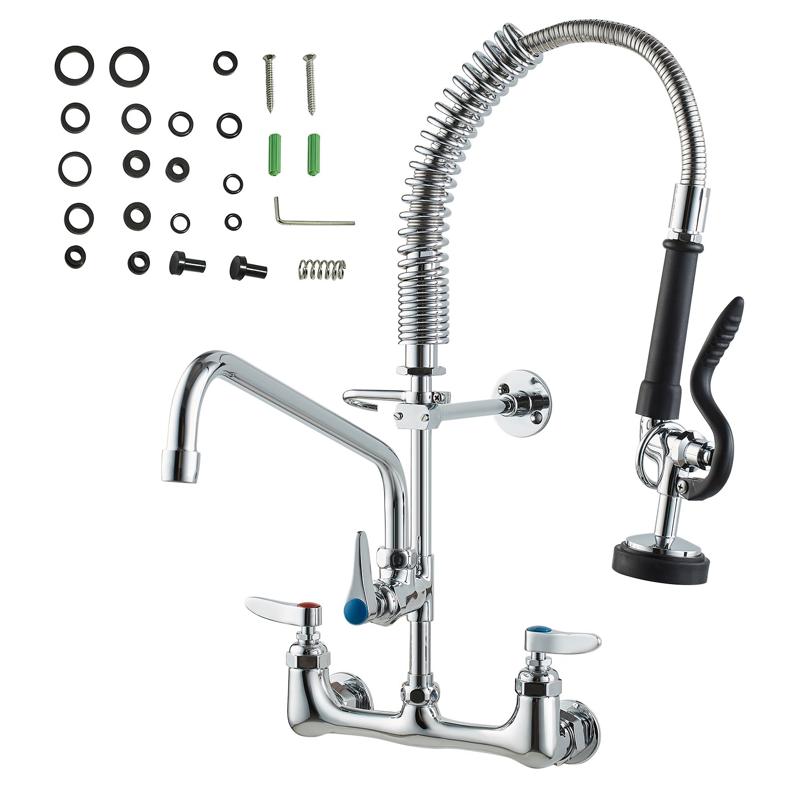 VEVOR Commercial Faucet with Pre-Flush Sprayer, Kitchen Faucet 53 cm Height, 30.5 cm Swivel Spout, Wall-Mounted Kitchen Sink Faucet, Brass Unit with Pull-Out Sprayer, for 1/2/3-Bowl Sinks