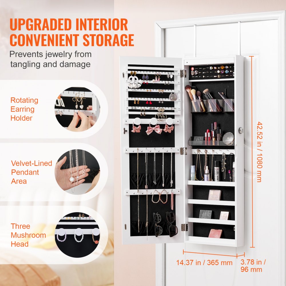 VEVOR abschließbarer Schmuckschrank Schmuckspiegelschrank 108cm Hohe, Aufbewahrung von Juwelen mit Ganzkörperspiegel, Schmuckspiegel-Organizer mit LED-Innenbeleuchtung & Samtfutter, Weiß