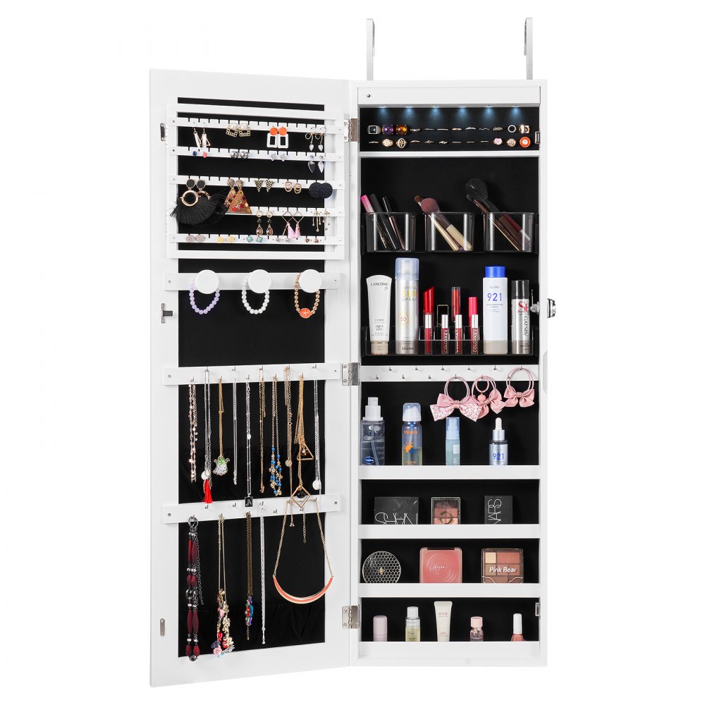 VEVOR Mirror Jewelry Cabinet, 42.52-Inch Tall Lockable Jewelry Cabinet Armoire with Full-Length Mirror, Wall or Door Mounted Jewelry Mirror Organizer with LED Interior Lights and Velvet Lining, White