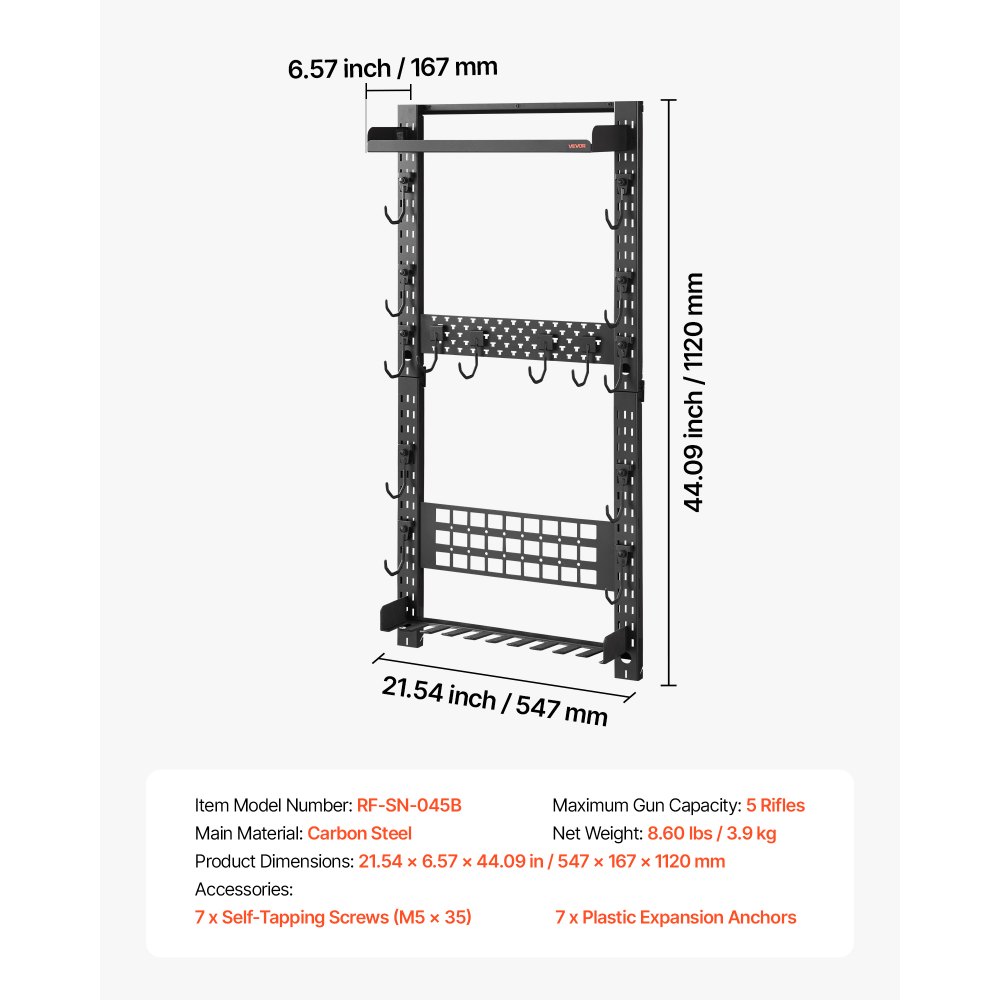 VEVOR Waffenwandhalterung für 5 Gewehre (Schrotflinten) & Waffenzubehör, Gewehrhalter mit J-Haken & Zusätzlicher Ablagefläche & Magazinhalter & MOLLE-Panel, Gewehrregal Kohlenstoffstahl, Waffenregal