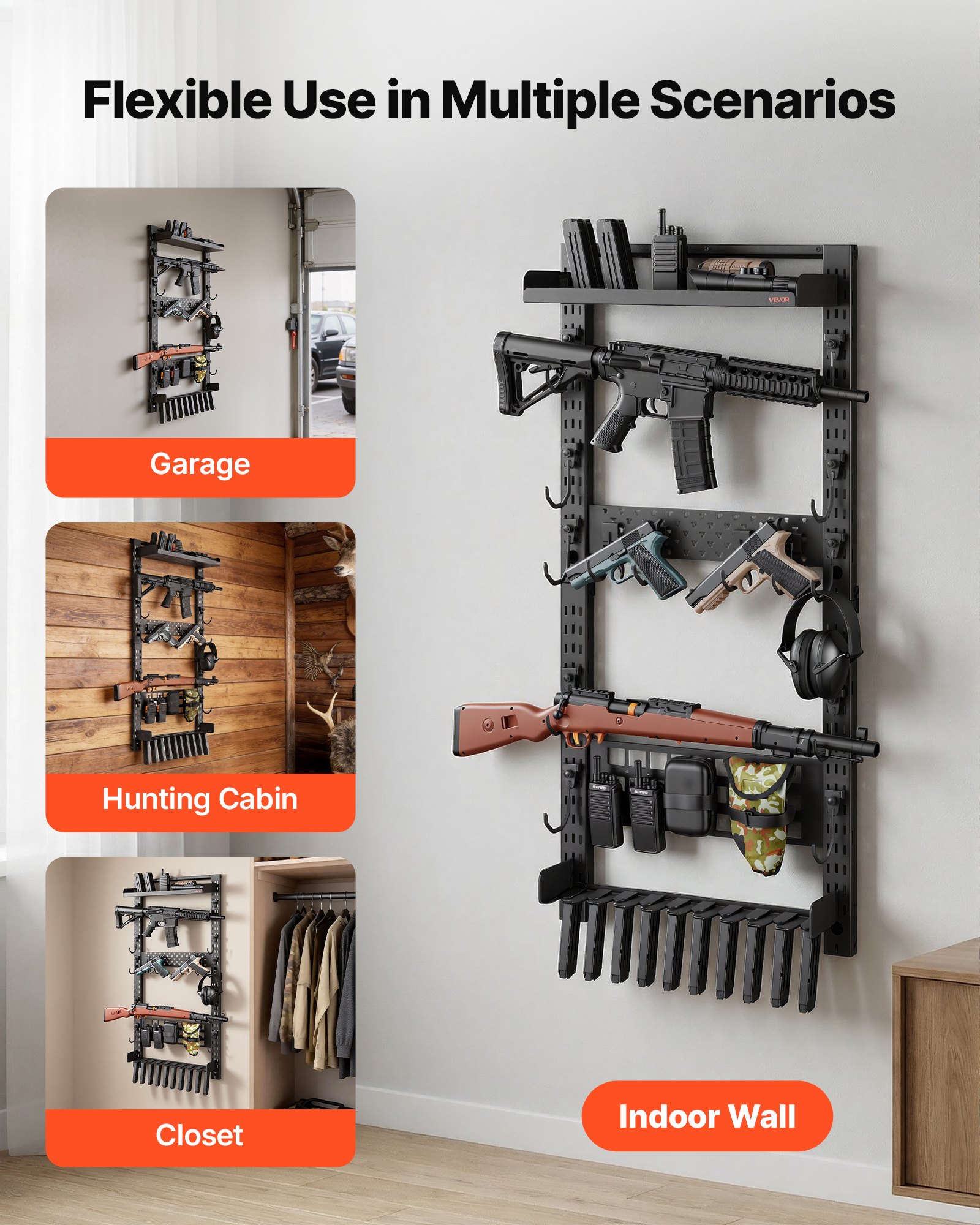VEVOR Waffenwandhalterung für 5 Gewehre (Schrotflinten) & Waffenzubehör, Gewehrhalter mit J-Haken & Zusätzlicher Ablagefläche & Magazinhalter & MOLLE-Panel, Gewehrregal Kohlenstoffstahl, Waffenregal