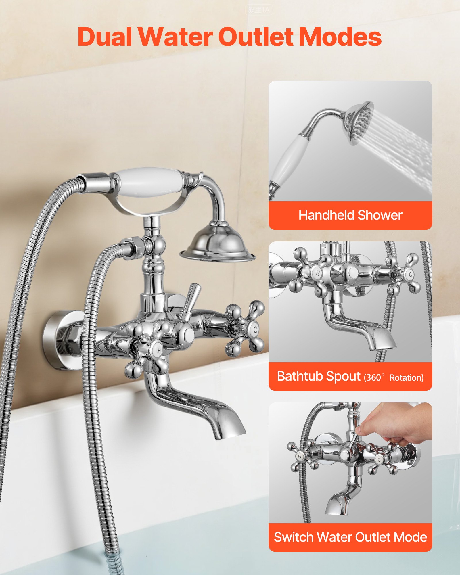 VEVOR Badewannenarmatur Klauenfuß zur Wandmontage mit Handbrause, Vintage Badewannenarmatur mit verstellbaren Schwenkarmen & 360°-Drehauslauf, Wasserhahn Wannenfüll Set poliertes Chrom