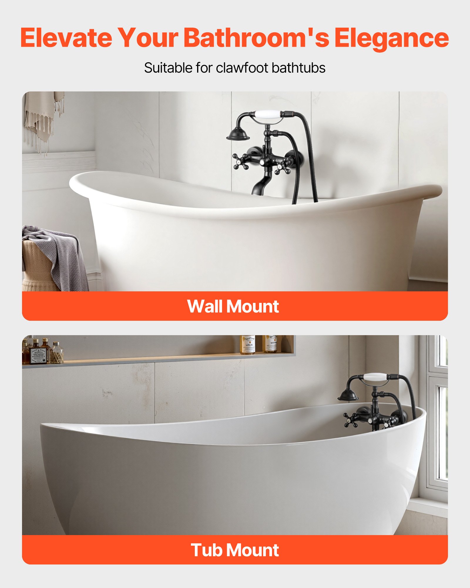 VEVOR Badewannenarmatur Klauenfuß zur Wandmontage mit Handbrause, Vintage Badewannenarmatur mit verstellbaren Schwenkarmen & 360°-Drehauslauf, Wasserhahn Duschset Wannenfüll-Set Ölgeriebene Bronze