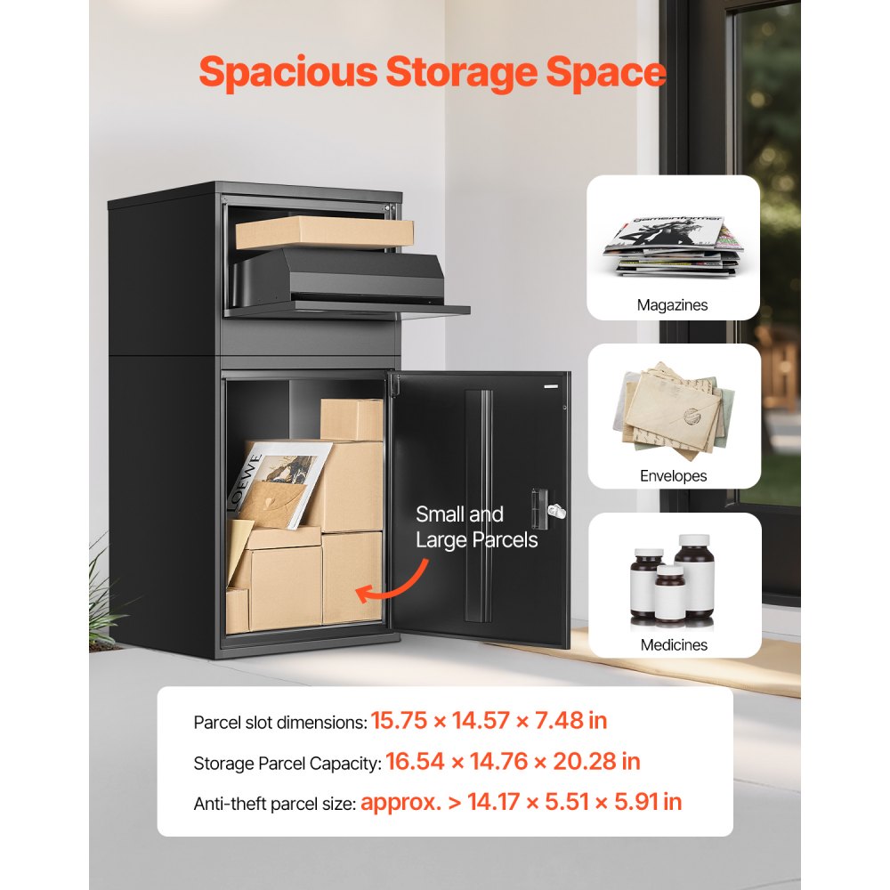 VEVOR Paketbriefkasten 500x398x980mm, Paketkasten mit Schloss, Paketbriefbox aus verzinktem Stahl mit Diebstahlschutz-Design, Packstation für Zuhause und das Büro, Schwarz