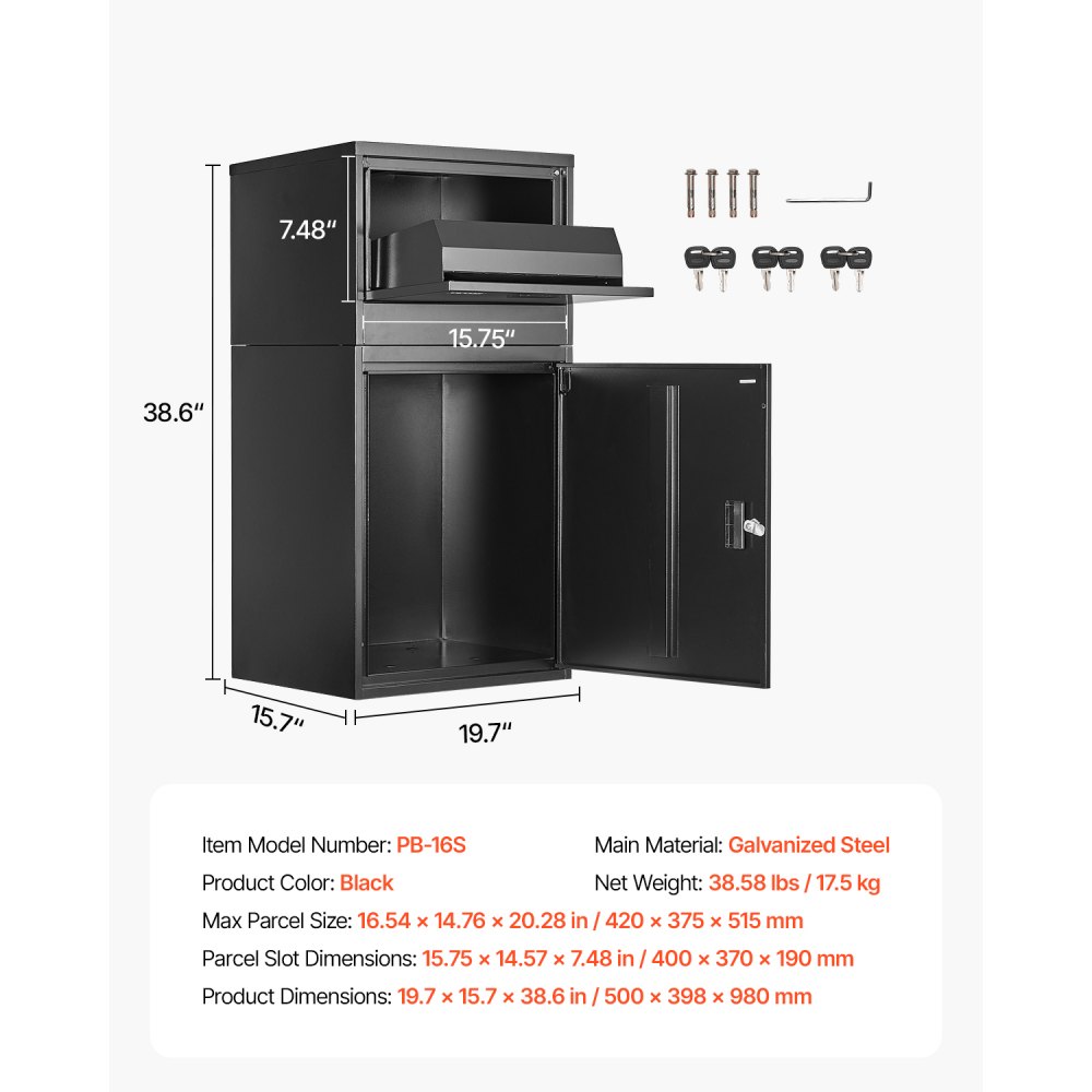 VEVOR Paketbriefkasten 500x398x980mm, Paketkasten mit Schloss, Paketbriefbox aus verzinktem Stahl mit Diebstahlschutz-Design, Packstation für Zuhause und das Büro, Schwarz