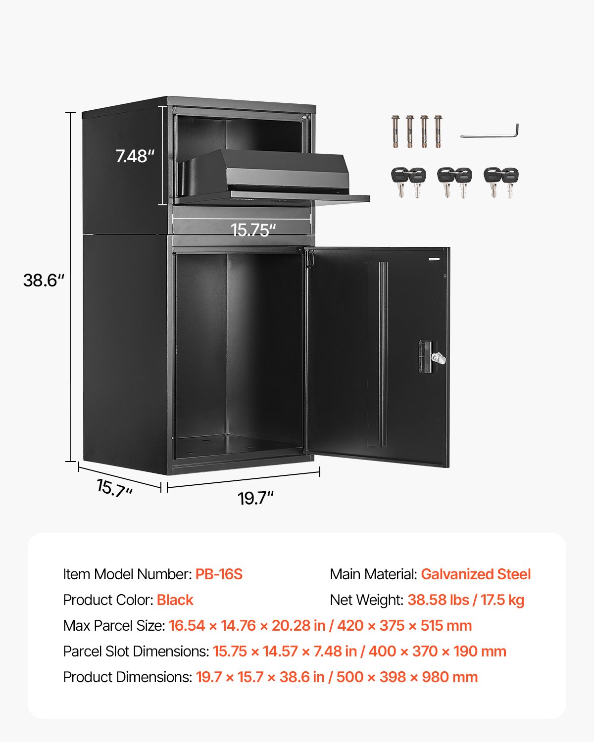 VEVOR Parcel Mailbox 500x398x980mm, Parcel Box with Lock, Galvanized Steel Parcel Mailbox with Anti-Theft Design, Packstation for Home and Office, Black